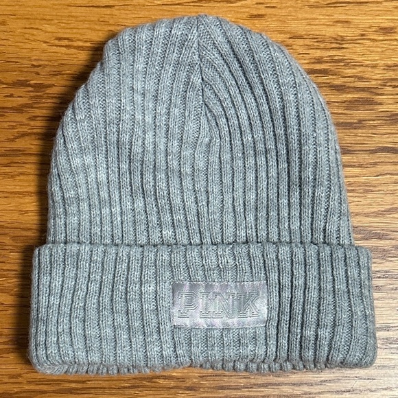 **VS PINK* Gray Knit Beanie Logo Hat - Picture 1 of 6